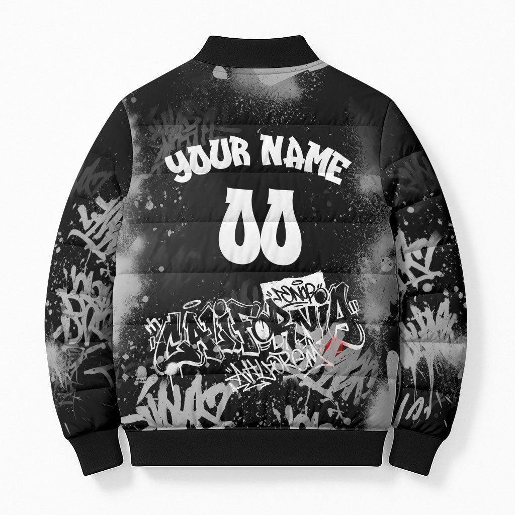 Personalized California Street Graffiti Bomber Puffer Jacket Monochrome Urban Streetwear - Phoenix Bird - West Coast Riot