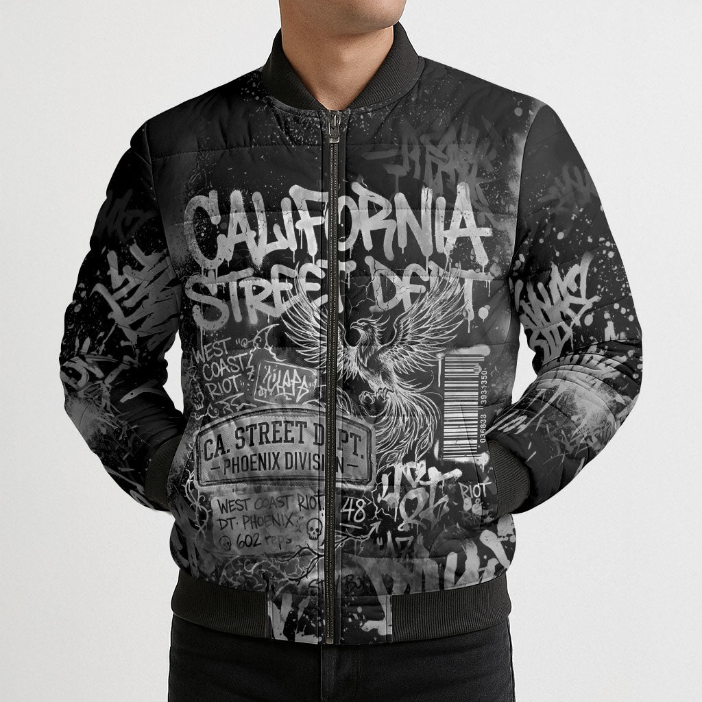 Personalized California Street Graffiti Bomber Puffer Jacket Monochrome Urban Streetwear - Phoenix Bird - West Coast Riot