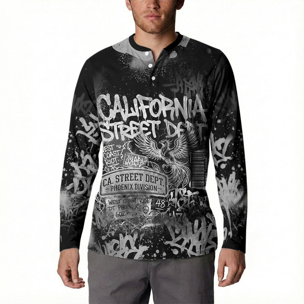 Personalized California Street Graffiti Button Sweatshirt Monochrome Urban Streetwear - Phoenix Bird - West Coast Riot