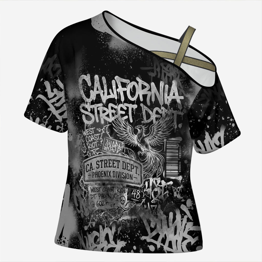 Personalized California Street Graffiti Cross Shoulder Shirt Monochrome Urban Streetwear - Phoenix Bird - West Coast Riot