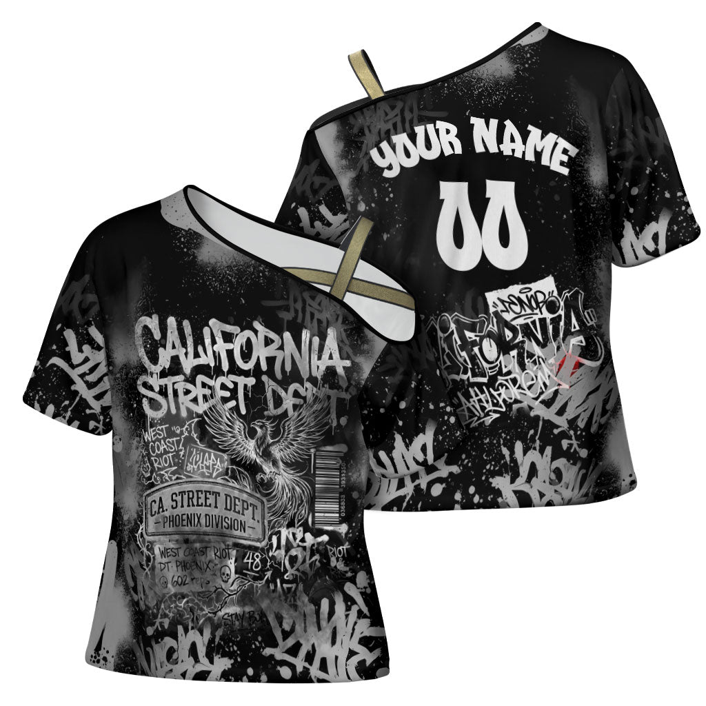 Personalized California Street Graffiti Cross Shoulder Shirt Monochrome Urban Streetwear - Phoenix Bird - West Coast Riot