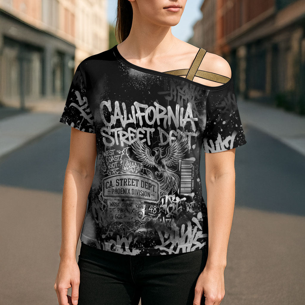 Personalized California Street Graffiti Cross Shoulder Shirt Monochrome Urban Streetwear - Phoenix Bird - West Coast Riot