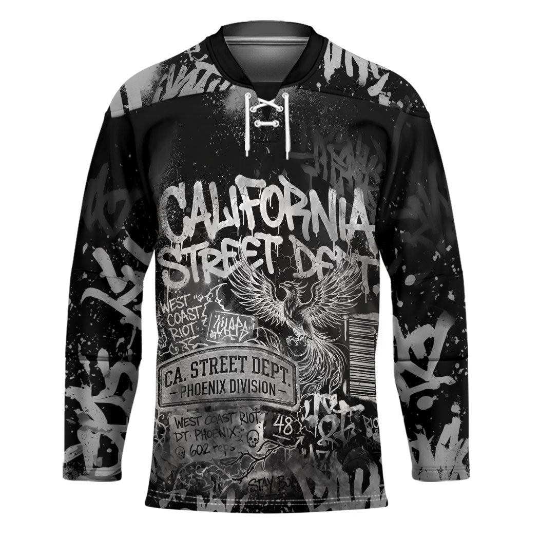 Personalized California Street Graffiti Hockey Jersey Monochrome Urban Streetwear - Phoenix Bird - West Coast Riot