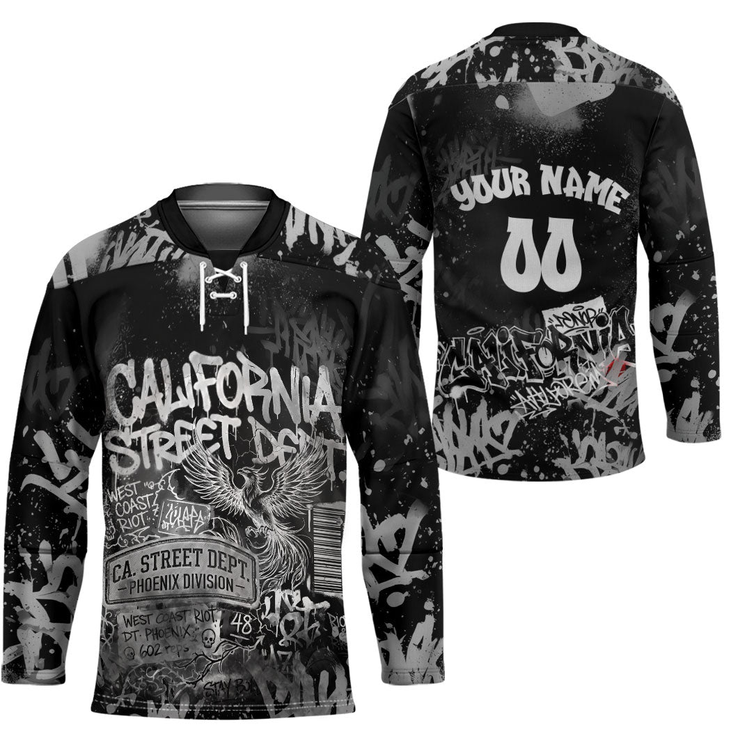Personalized California Street Graffiti Hockey Jersey Monochrome Urban Streetwear - Phoenix Bird - West Coast Riot