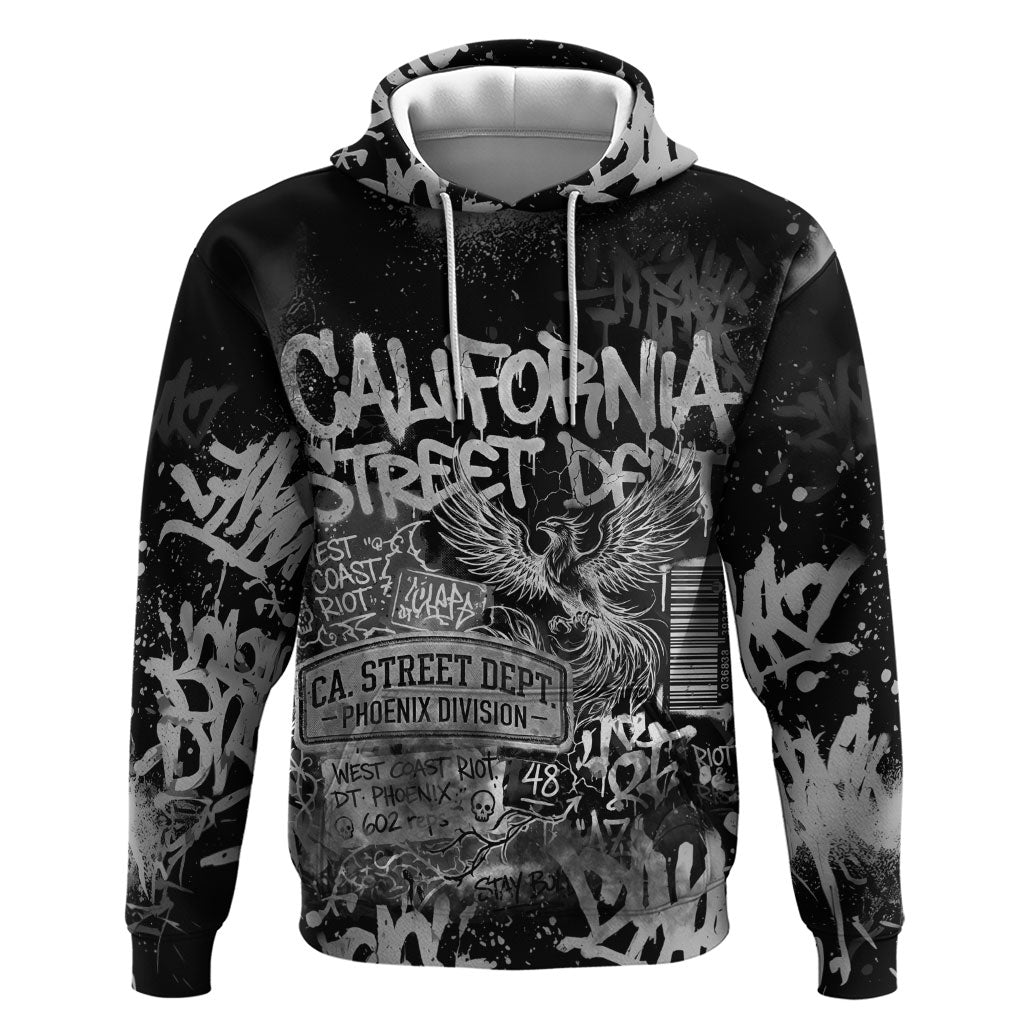 Personalized California Street Graffiti Hoodie Monochrome Urban Streetwear - Phoenix Bird - West Coast Riot
