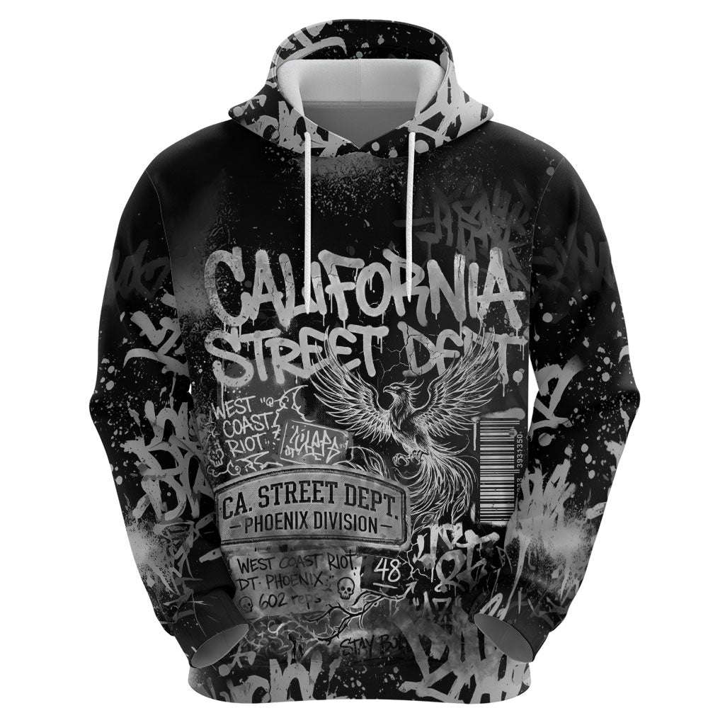 Personalized California Street Graffiti Hoodie Monochrome Urban Streetwear - Phoenix Bird - West Coast Riot