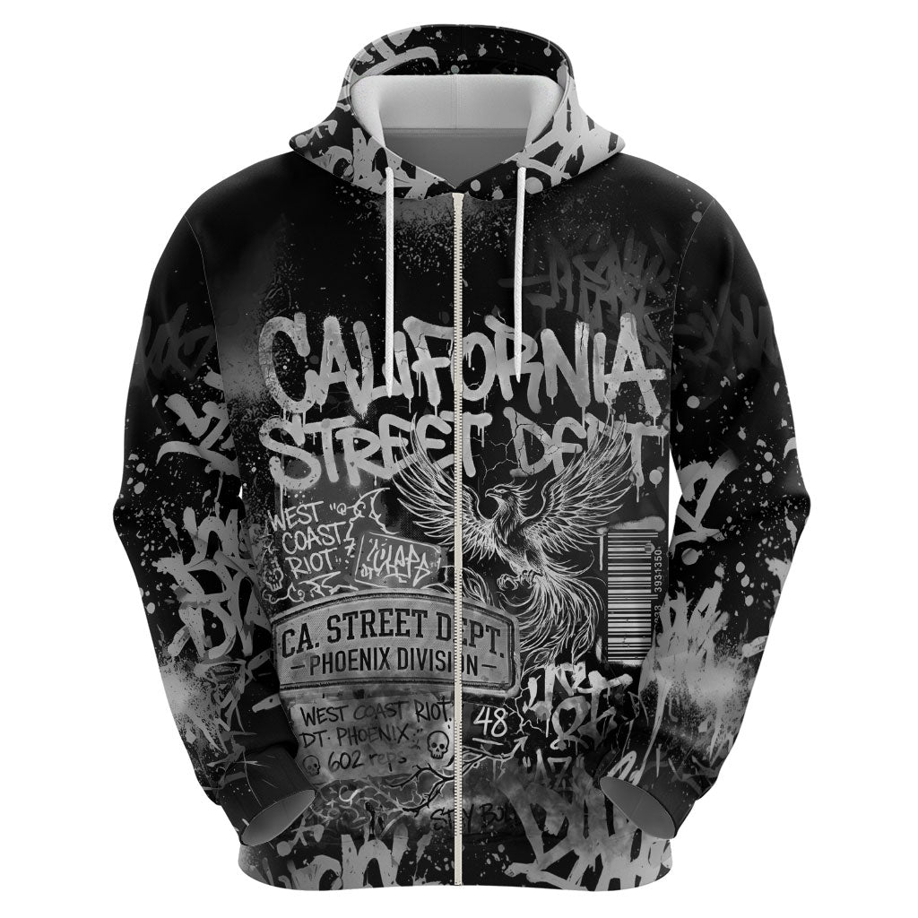 Personalized California Street Graffiti Hoodie Monochrome Urban Streetwear - Phoenix Bird - West Coast Riot