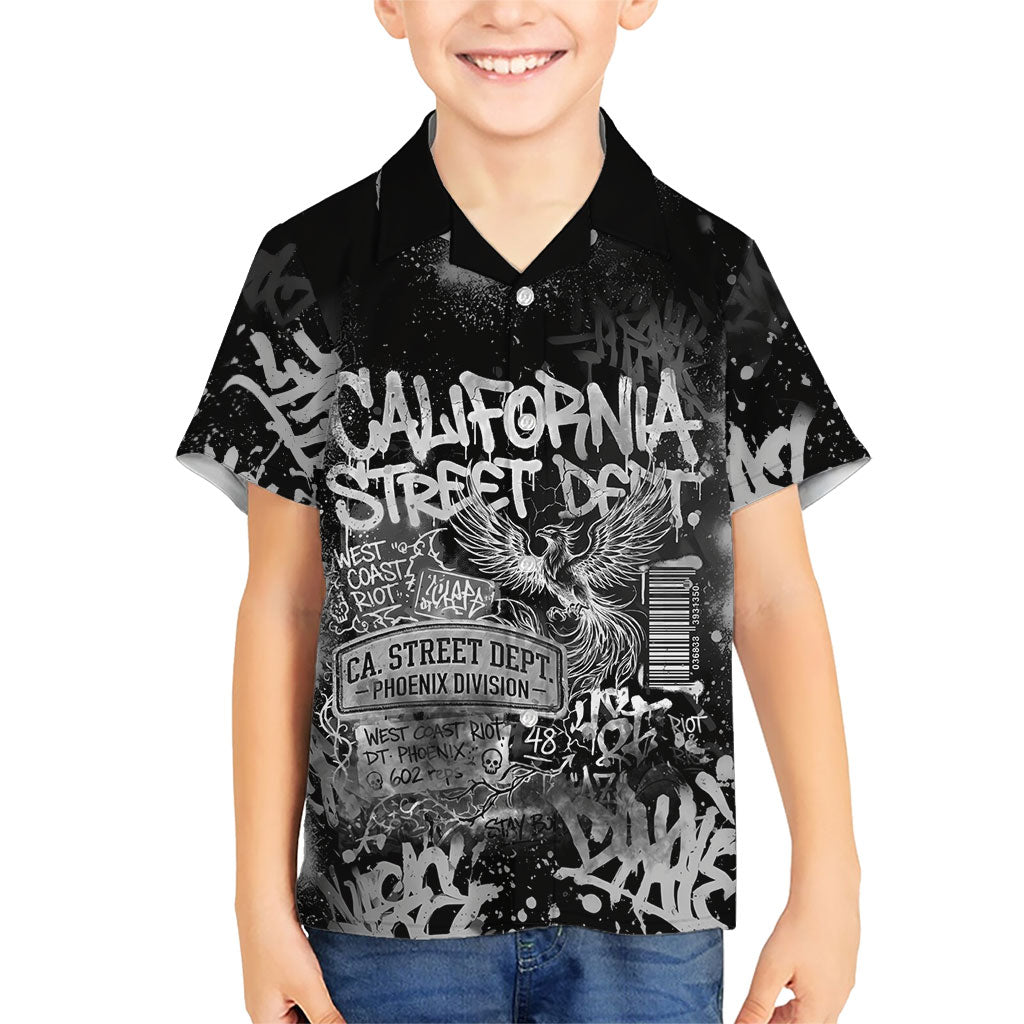 Personalized California Street Graffiti Kid Hawaiian Shirt Monochrome Urban Streetwear - Phoenix Bird - West Coast Riot