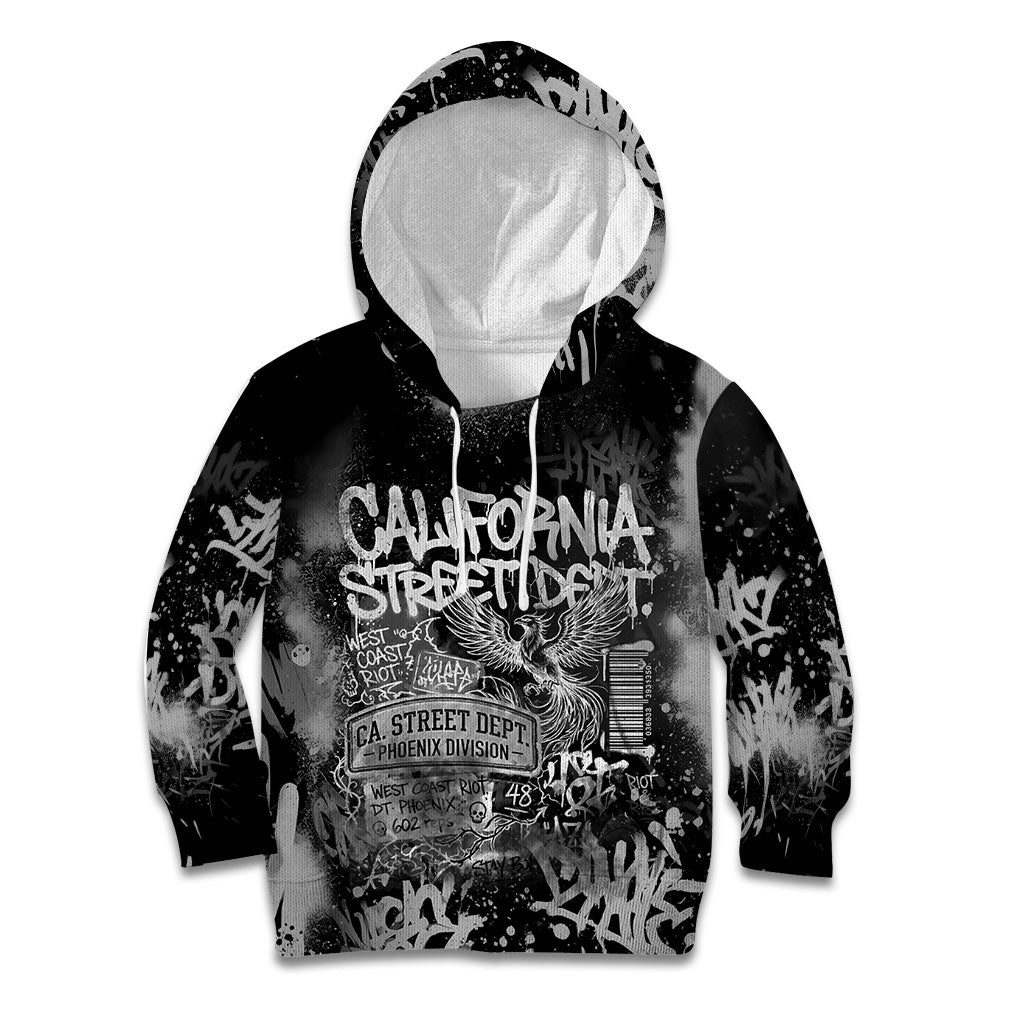 Personalized California Street Graffiti Kid Hoodie Monochrome Urban Streetwear - Phoenix Bird - West Coast Riot