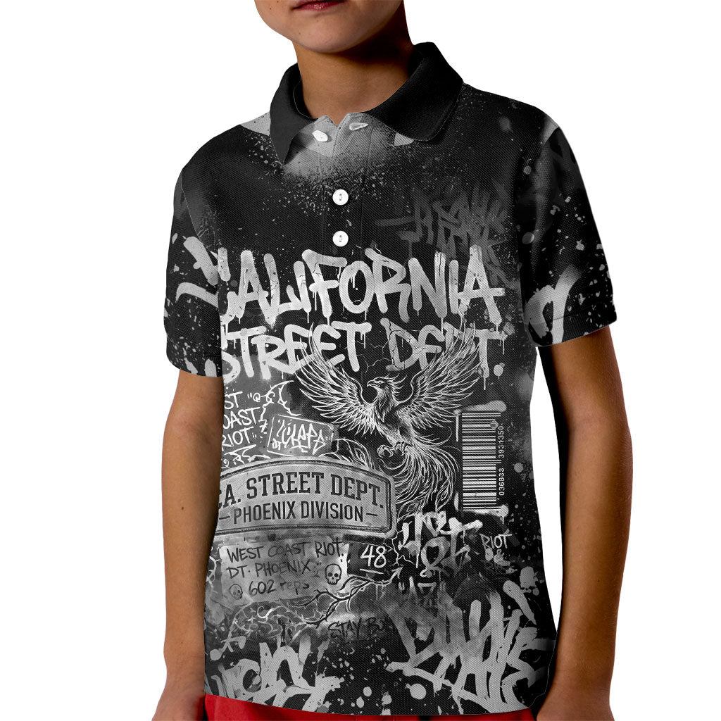 Personalized California Street Graffiti Kid Polo Shirt Monochrome Urban Streetwear - Phoenix Bird - West Coast Riot