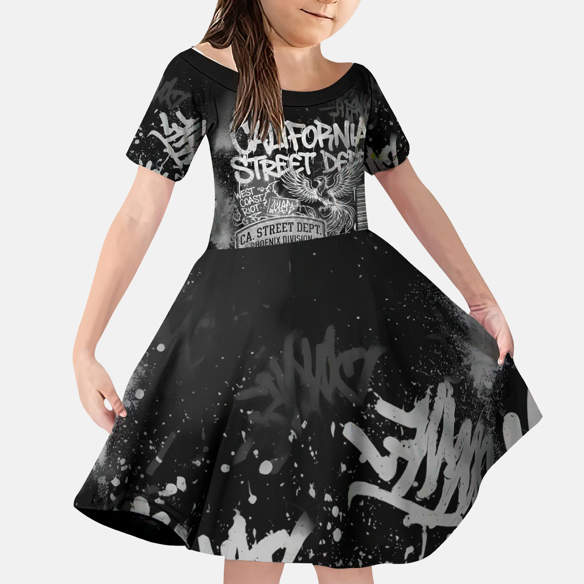 Personalized California Street Graffiti Kid Short Sleeve Dress Monochrome Urban Streetwear - Phoenix Bird - West Coast Riot