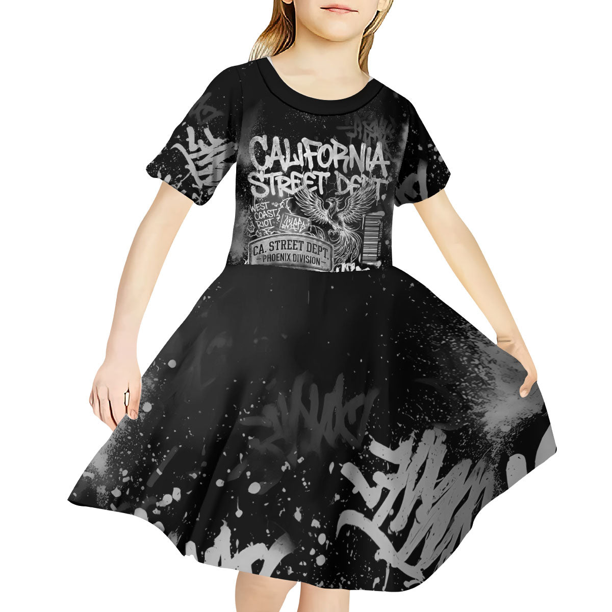 Personalized California Street Graffiti Kid Short Sleeve Dress Monochrome Urban Streetwear - Phoenix Bird - West Coast Riot