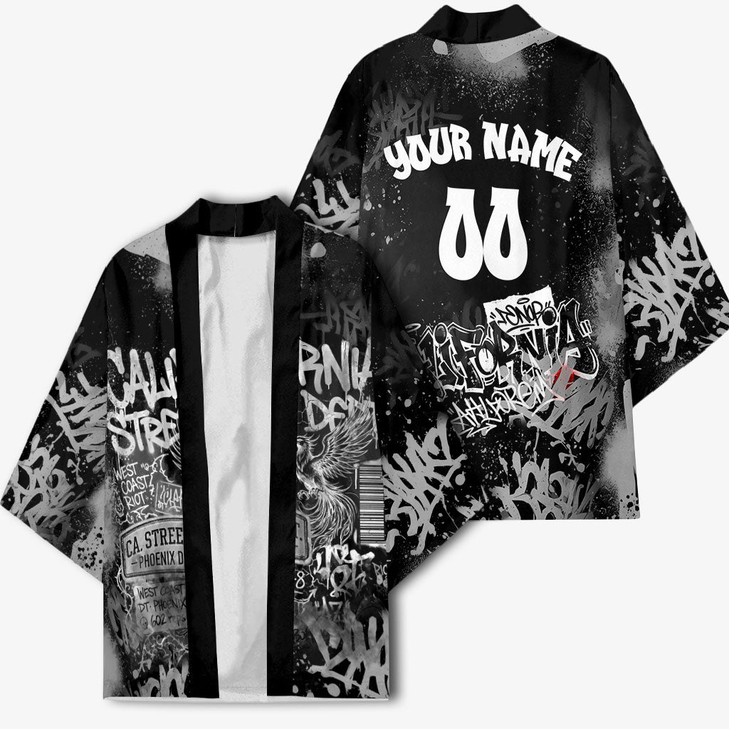 Personalized California Street Graffiti Kimono Monochrome Urban Streetwear - Phoenix Bird - West Coast Riot
