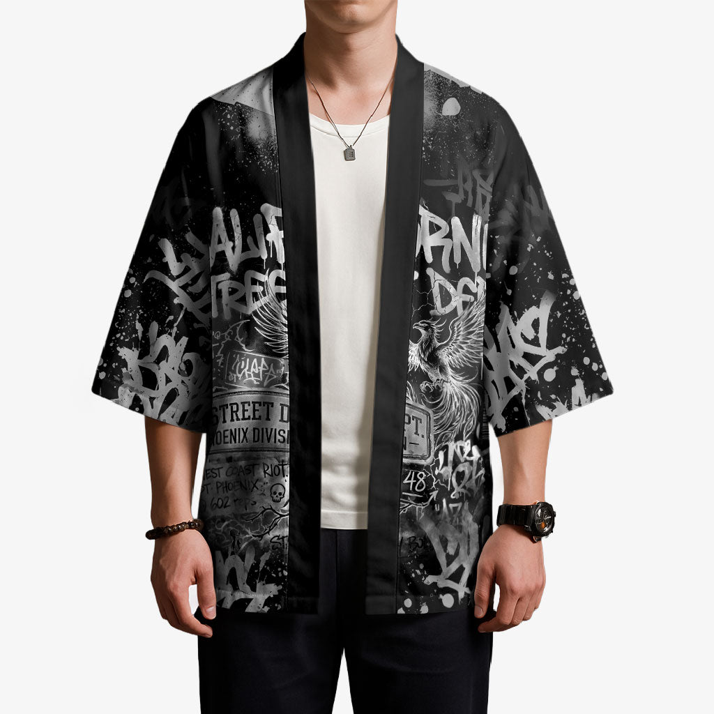 Personalized California Street Graffiti Kimono Monochrome Urban Streetwear - Phoenix Bird - West Coast Riot