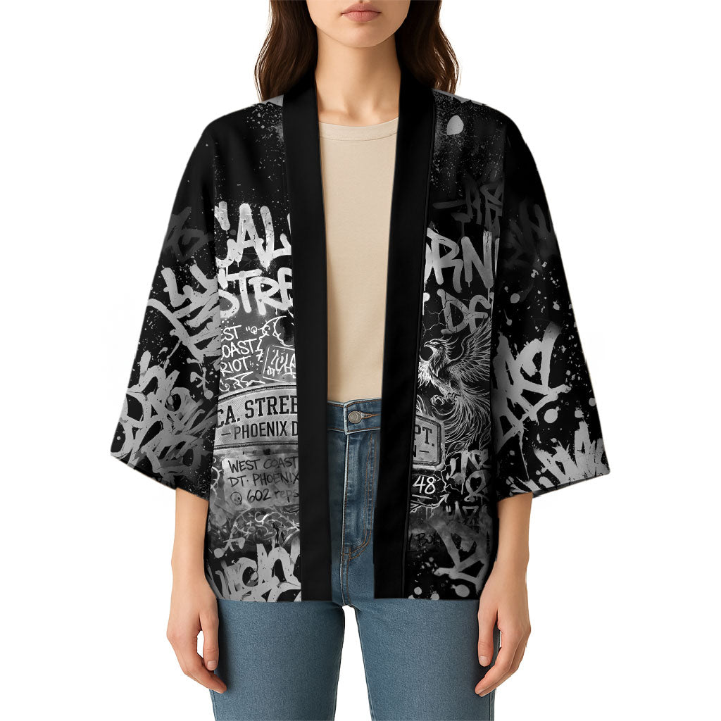 Personalized California Street Graffiti Kimono Monochrome Urban Streetwear - Phoenix Bird - West Coast Riot