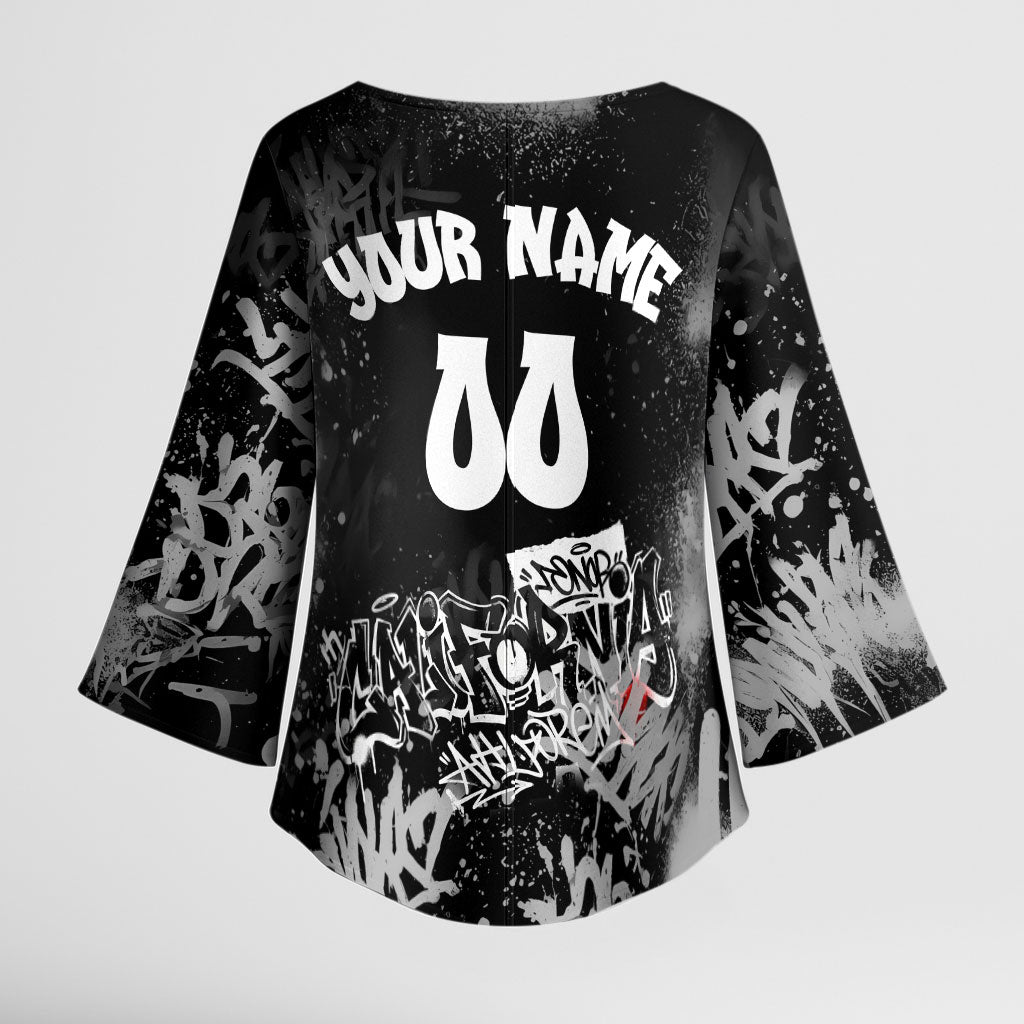Personalized California Street Graffiti Kimono Sleeve Blouse Monochrome Urban Streetwear - Phoenix Bird - West Coast Riot