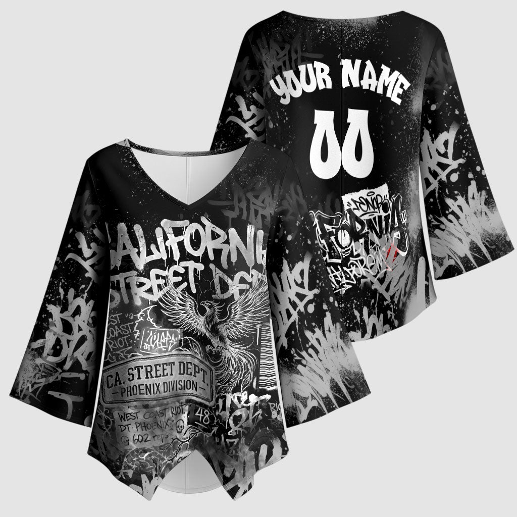 Personalized California Street Graffiti Kimono Sleeve Blouse Monochrome Urban Streetwear - Phoenix Bird - West Coast Riot