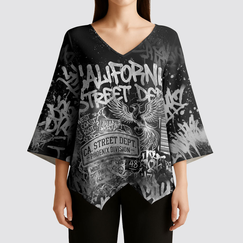 Personalized California Street Graffiti Kimono Sleeve Blouse Monochrome Urban Streetwear - Phoenix Bird - West Coast Riot