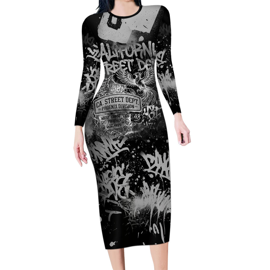 Personalized California Street Graffiti Long Sleeve Bodycon Dress Monochrome Urban Streetwear - Phoenix Bird - West Coast Riot