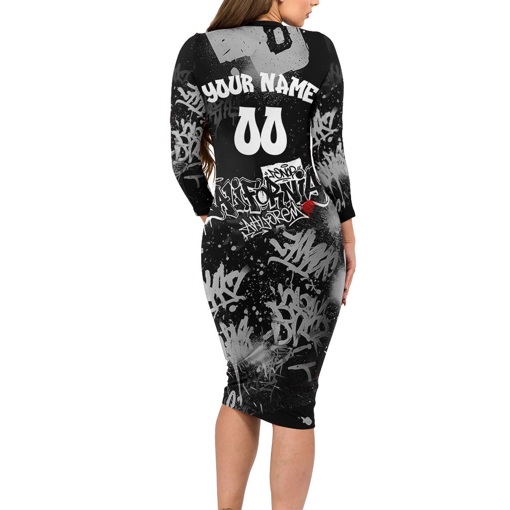 Personalized California Street Graffiti Long Sleeve Bodycon Dress Monochrome Urban Streetwear - Phoenix Bird - West Coast Riot