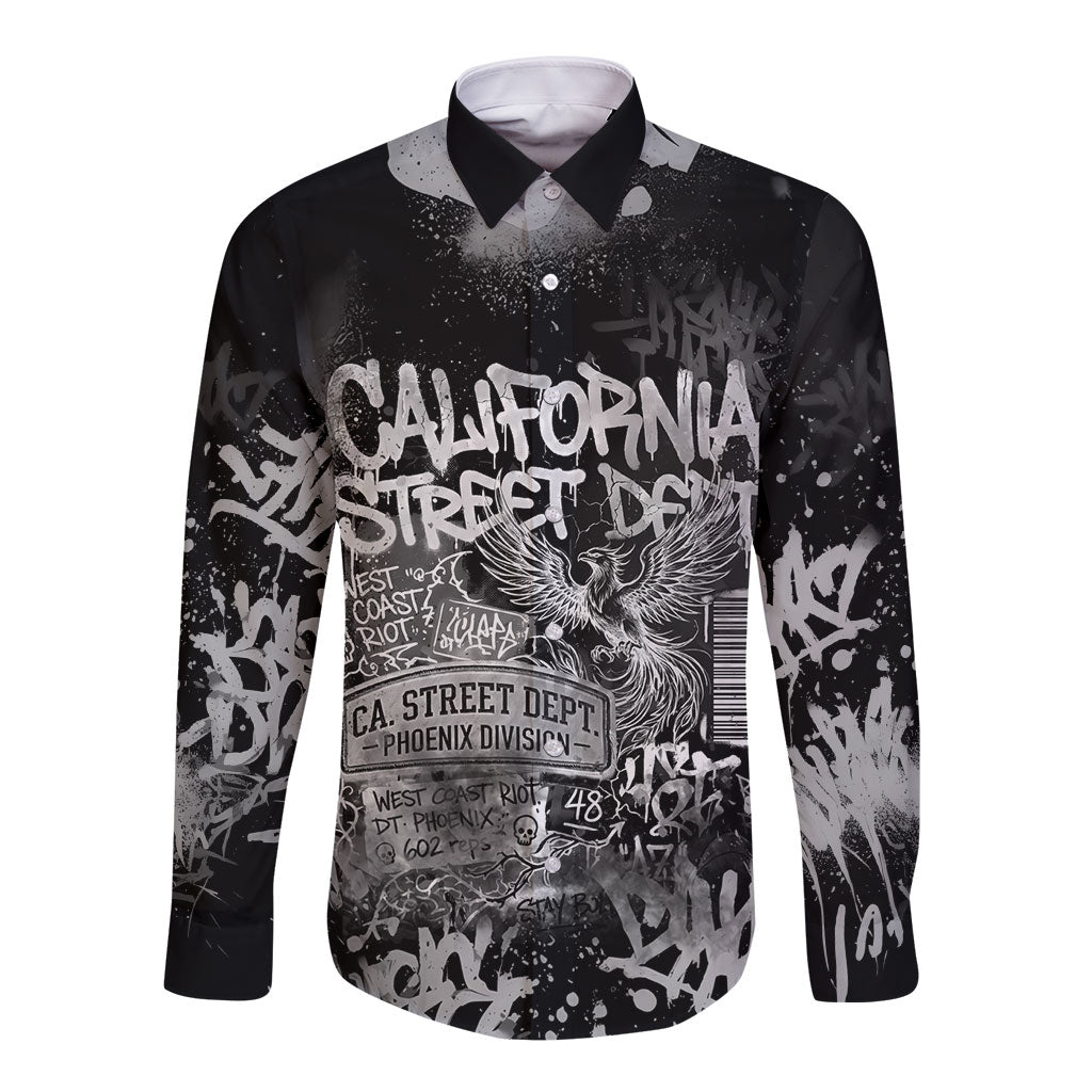 Personalized California Street Graffiti Long Sleeve Button Shirt Monochrome Urban Streetwear - Phoenix Bird - West Coast Riot