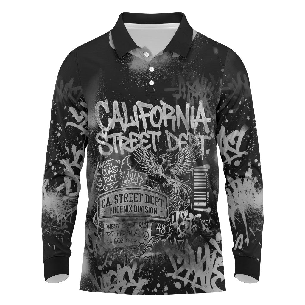 Personalized California Street Graffiti Long Sleeve Polo Shirt Monochrome Urban Streetwear - Phoenix Bird - West Coast Riot
