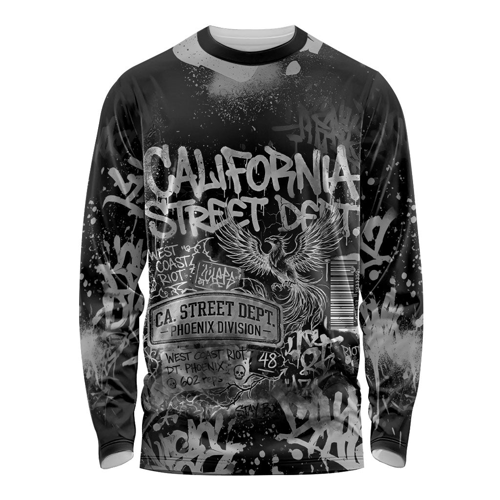 Personalized California Street Graffiti Long Sleeve Shirt Monochrome Urban Streetwear - Phoenix Bird - West Coast Riot