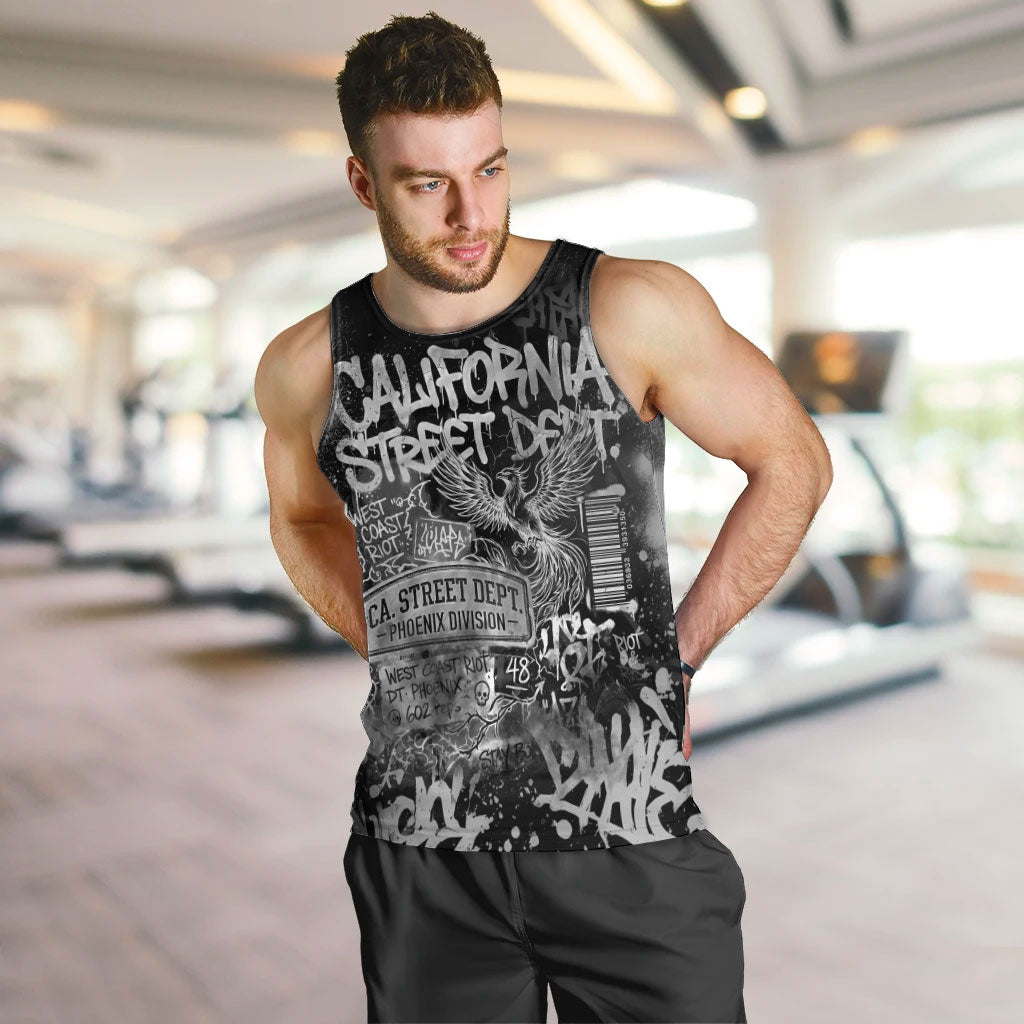Personalized California Street Graffiti Men Tank Top Monochrome Urban Streetwear - Phoenix Bird - West Coast Riot