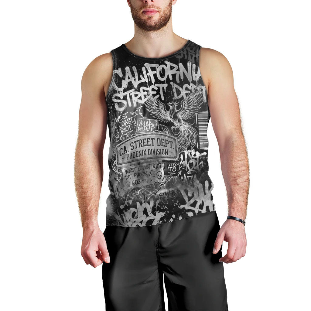 Personalized California Street Graffiti Men Tank Top Monochrome Urban Streetwear - Phoenix Bird - West Coast Riot