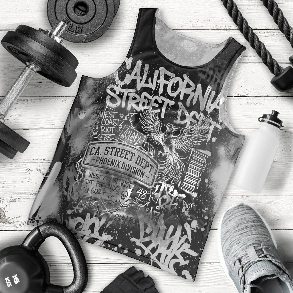 Personalized California Street Graffiti Men Tank Top Monochrome Urban Streetwear - Phoenix Bird - West Coast Riot