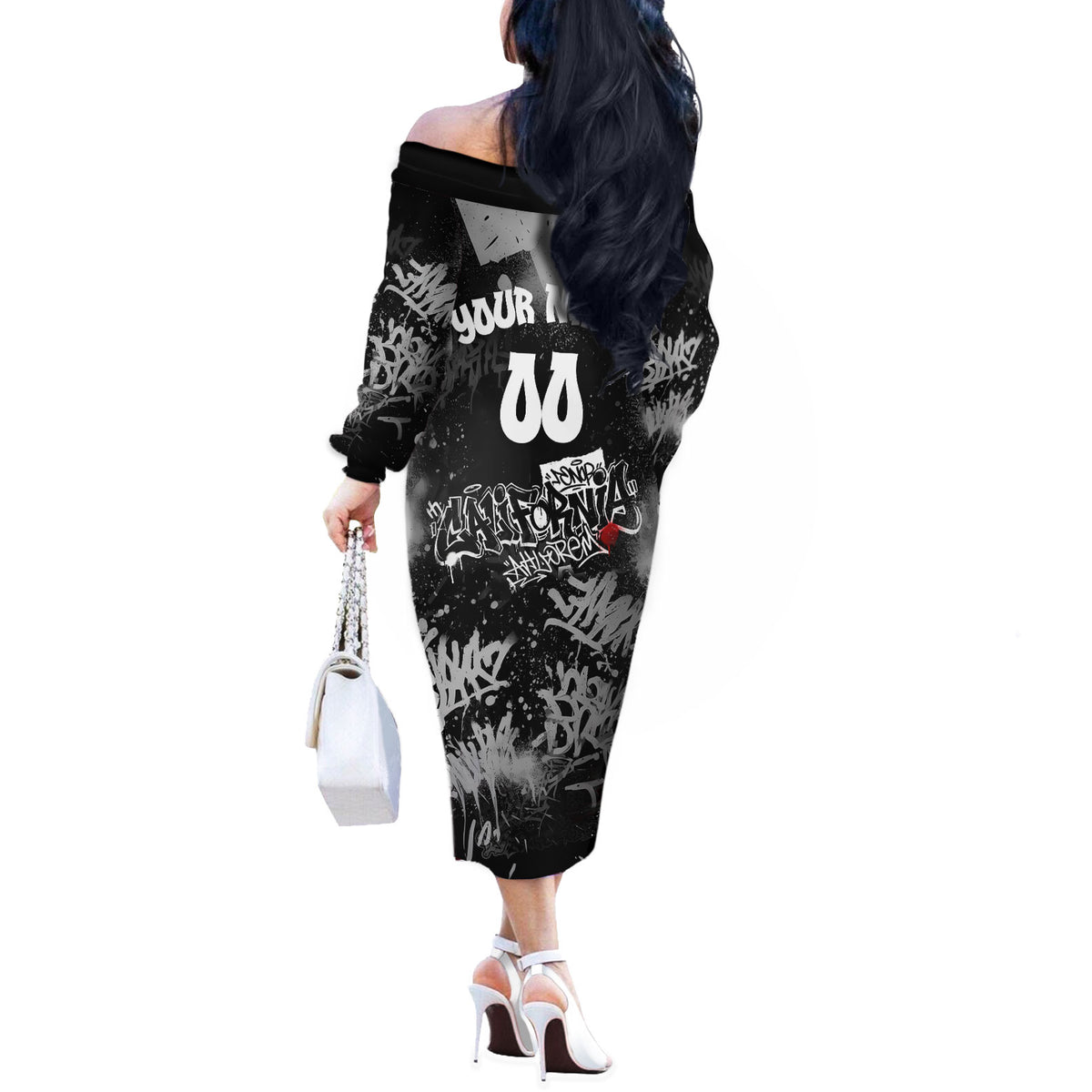 Personalized California Street Graffiti Off The Shoulder Long Sleeve Dress Monochrome Urban Streetwear - Phoenix Bird - West Coast Riot
