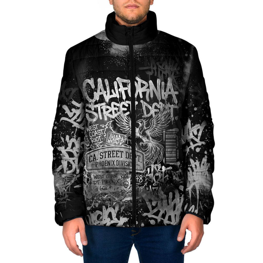 Personalized California Street Graffiti Padded Jacket Monochrome Urban Streetwear - Phoenix Bird - West Coast Riot