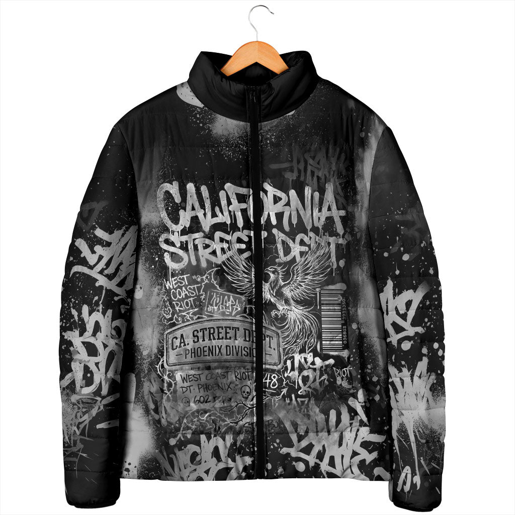 Personalized California Street Graffiti Padded Jacket Monochrome Urban Streetwear - Phoenix Bird - West Coast Riot