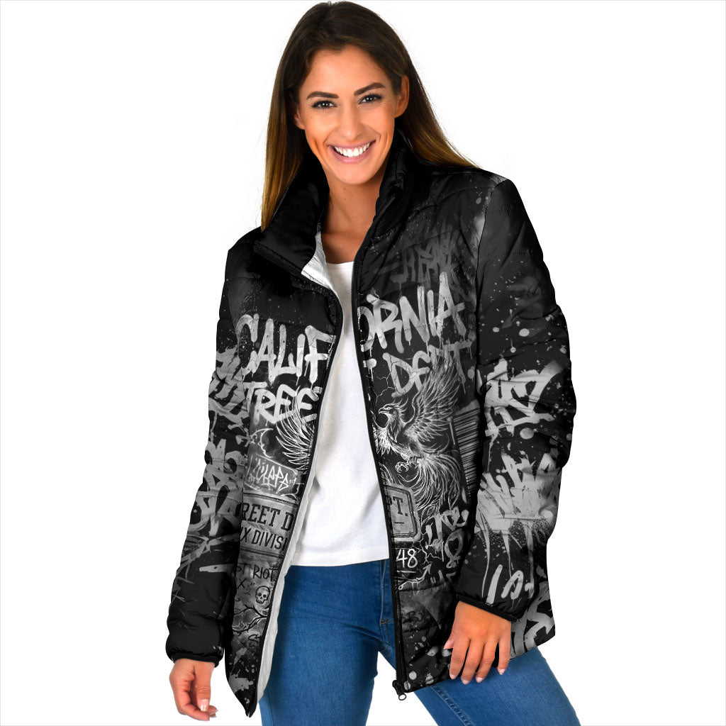 Personalized California Street Graffiti Padded Jacket Monochrome Urban Streetwear - Phoenix Bird - West Coast Riot