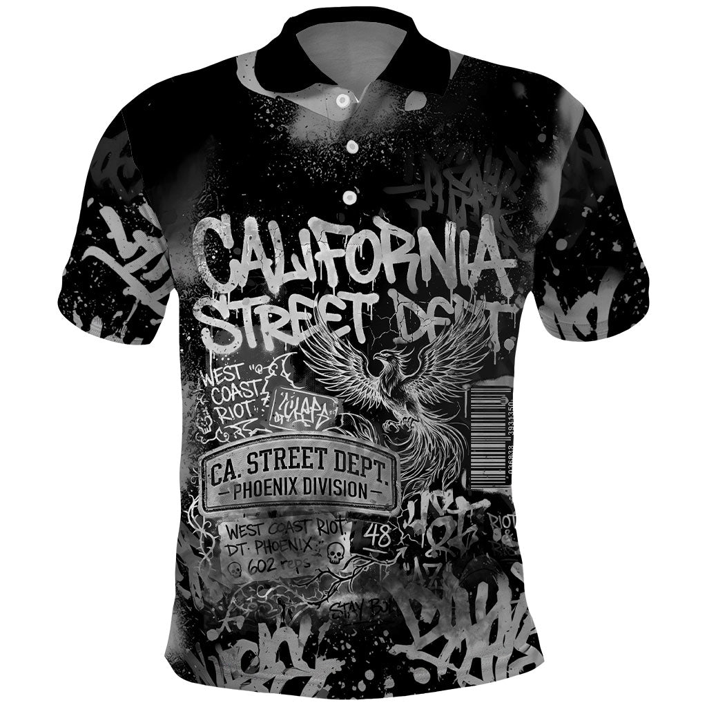Personalized California Street Graffiti Polo Shirt Monochrome Urban Streetwear - Phoenix Bird - West Coast Riot