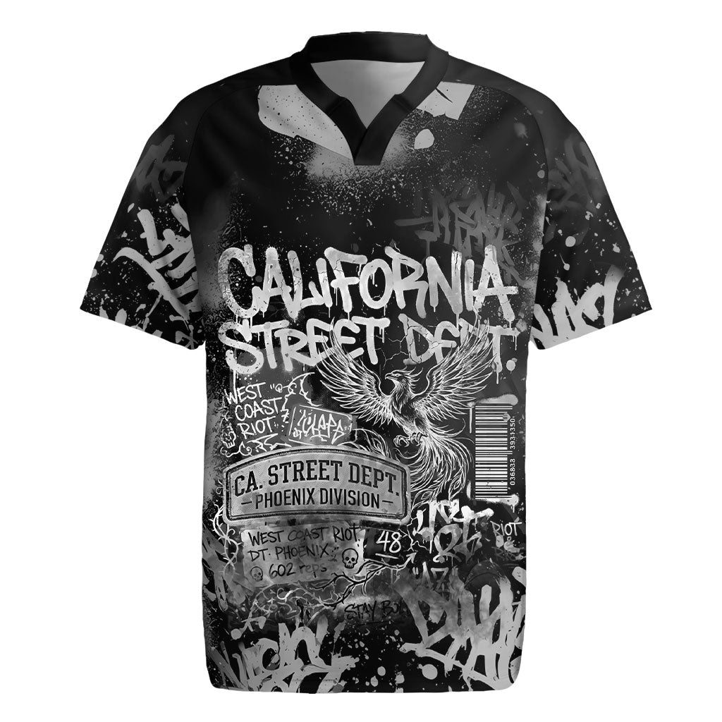 Personalized California Street Graffiti Rugby Jersey Monochrome Urban Streetwear - Phoenix Bird - West Coast Riot
