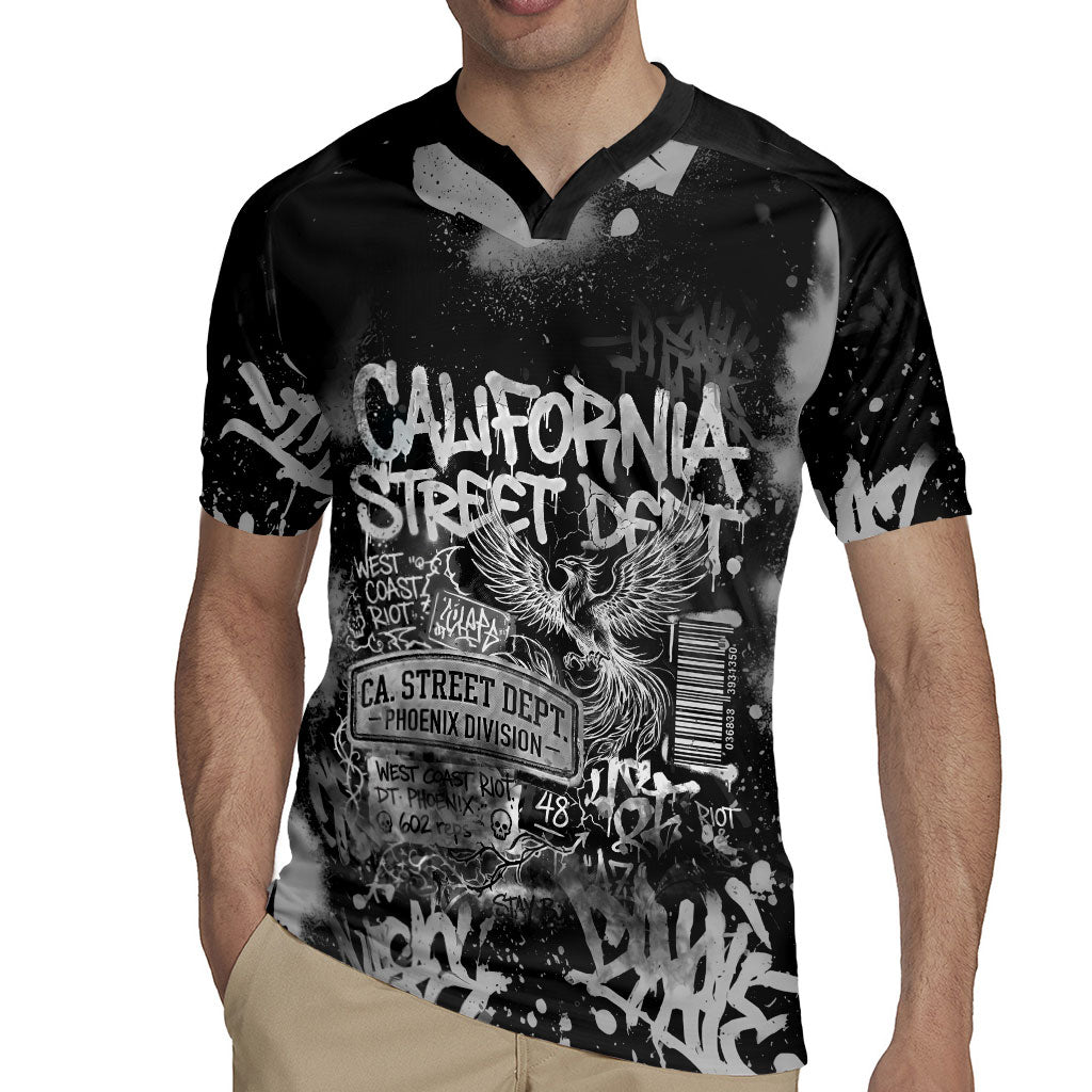 Personalized California Street Graffiti Rugby Jersey Monochrome Urban Streetwear - Phoenix Bird - West Coast Riot