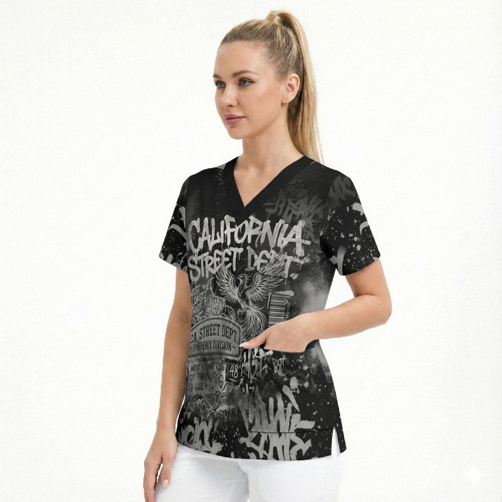 Personalized California Street Graffiti Scrub Top Monochrome Urban Streetwear - Phoenix Bird - West Coast Riot
