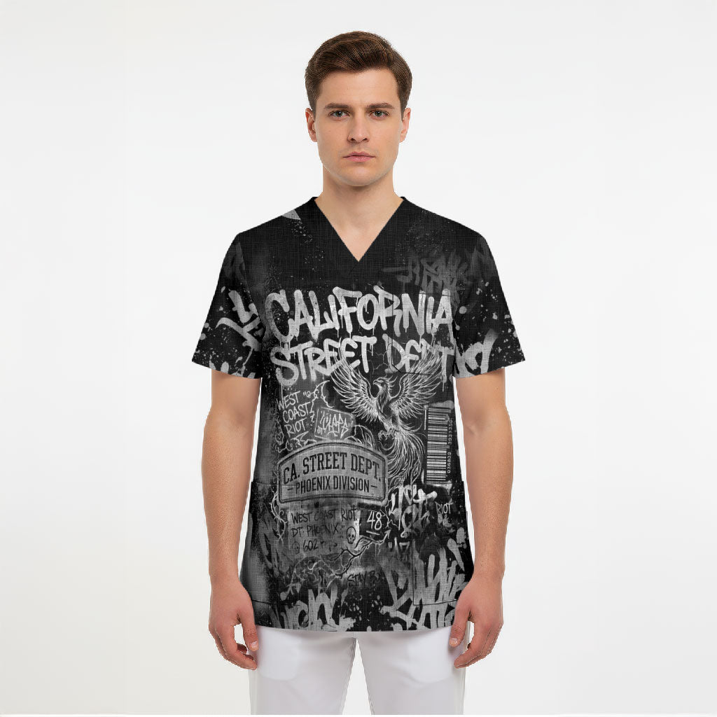 Personalized California Street Graffiti Scrub Top Monochrome Urban Streetwear - Phoenix Bird - West Coast Riot