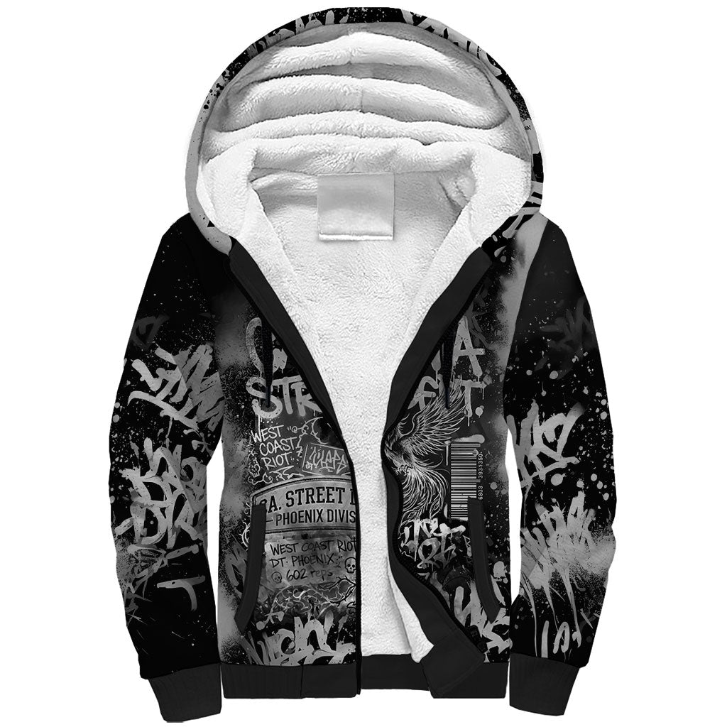 Personalized California Street Graffiti Sherpa Hoodie Monochrome Urban Streetwear - Phoenix Bird - West Coast Riot