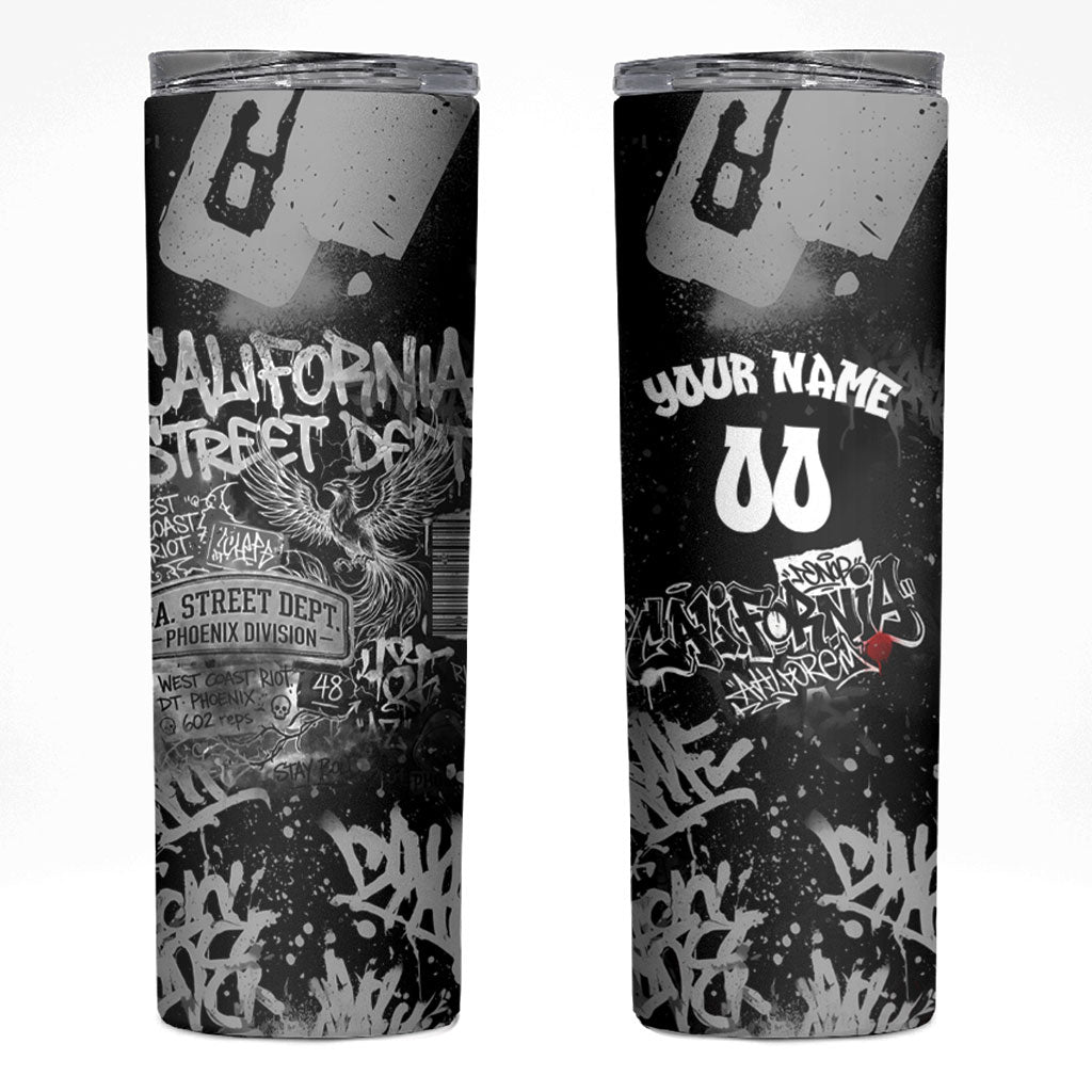 Personalized California Street Graffiti Skinny Tumbler Monochrome Urban Streetwear - Phoenix Bird - West Coast Riot