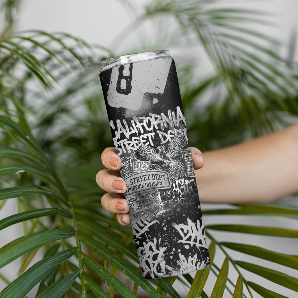 Personalized California Street Graffiti Skinny Tumbler Monochrome Urban Streetwear - Phoenix Bird - West Coast Riot