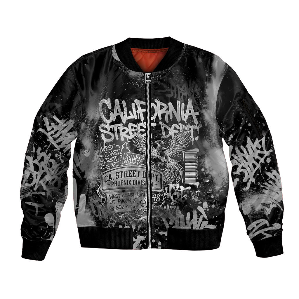 Personalized California Street Graffiti Sleeve Zip Bomber Jacket Monochrome Urban Streetwear - Phoenix Bird - West Coast Riot