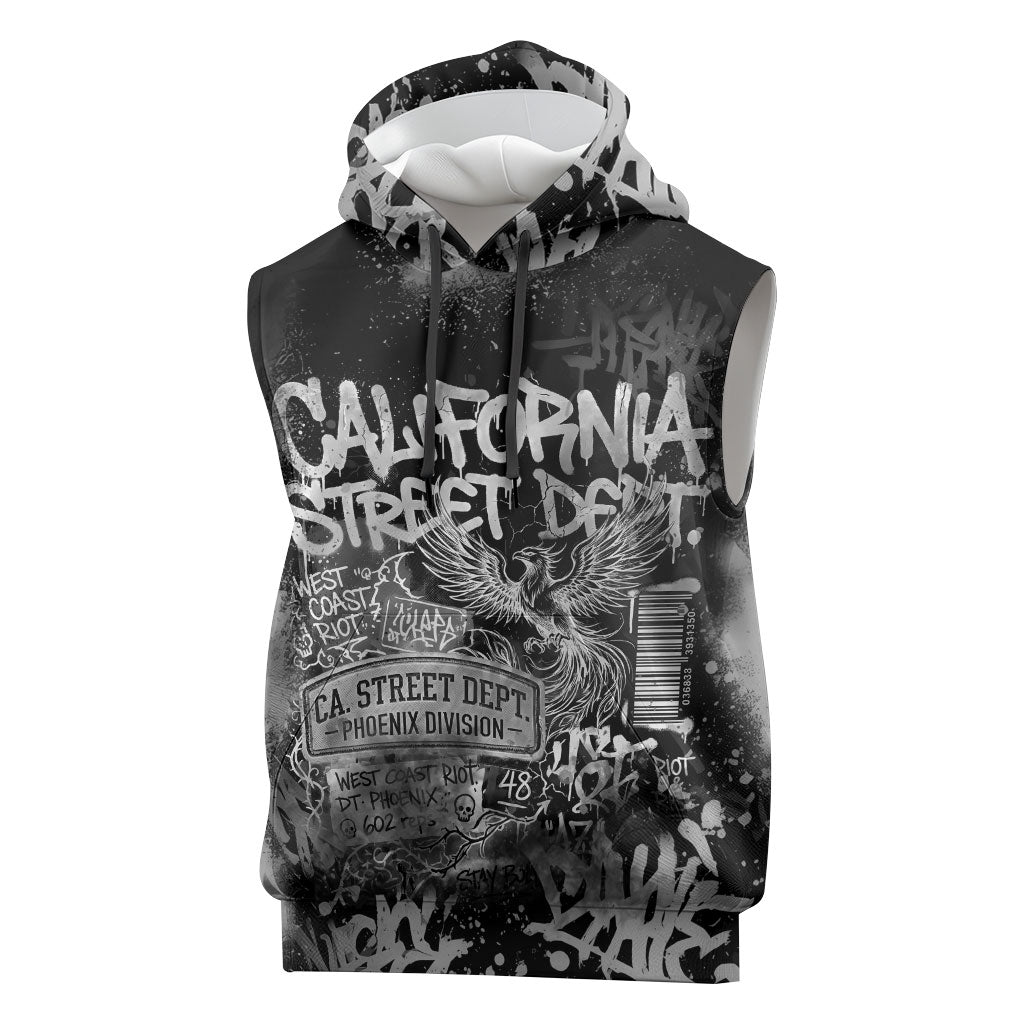 Personalized California Street Graffiti Sleeveless Hoodie Monochrome Urban Streetwear - Phoenix Bird - West Coast Riot