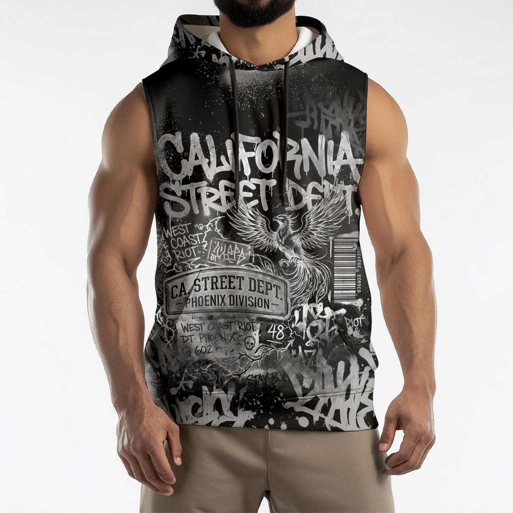 Personalized California Street Graffiti Sleeveless Hoodie Monochrome Urban Streetwear - Phoenix Bird - West Coast Riot