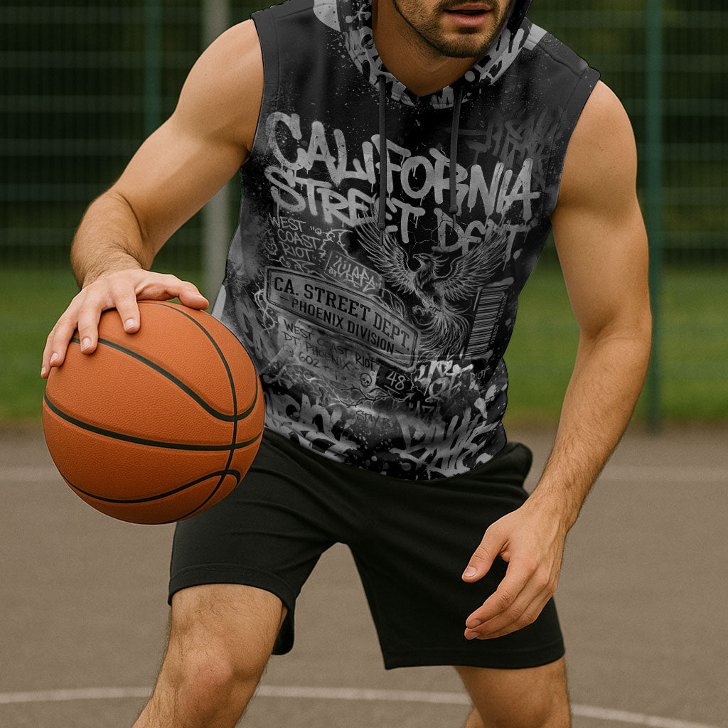Personalized California Street Graffiti Sleeveless Hoodie Monochrome Urban Streetwear - Phoenix Bird - West Coast Riot