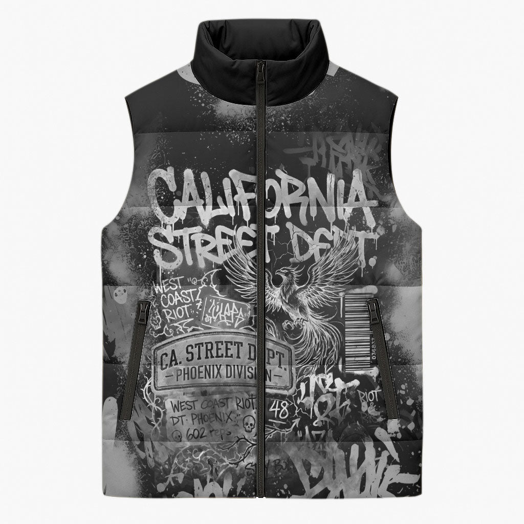 Personalized California Street Graffiti Sleeveless Puffer Jacket Monochrome Urban Streetwear - Phoenix Bird - West Coast Riot