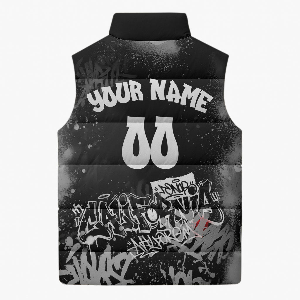 Personalized California Street Graffiti Sleeveless Puffer Jacket Monochrome Urban Streetwear - Phoenix Bird - West Coast Riot