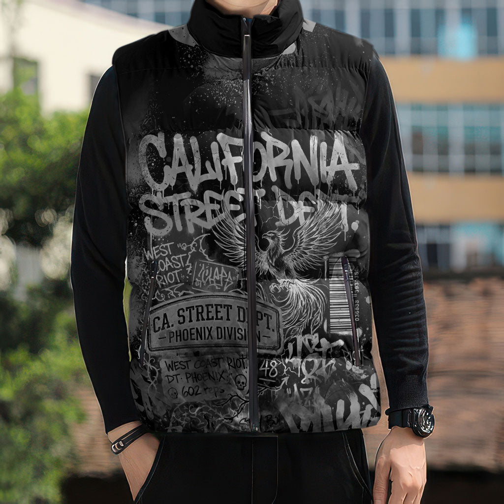 Personalized California Street Graffiti Sleeveless Puffer Jacket Monochrome Urban Streetwear - Phoenix Bird - West Coast Riot