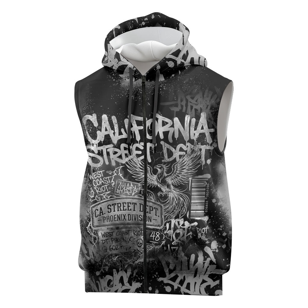 Personalized California Street Graffiti Sleeveless Zip Hoodie Monochrome Urban Streetwear - Phoenix Bird - West Coast Riot